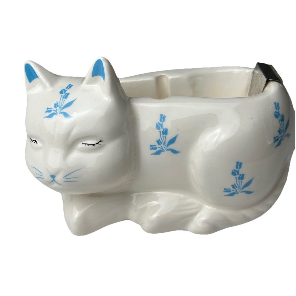 Vintage Ceramic 1940-1970's Sleeping Kitty Cat Tape Dispenser Made In Taiwan ROC